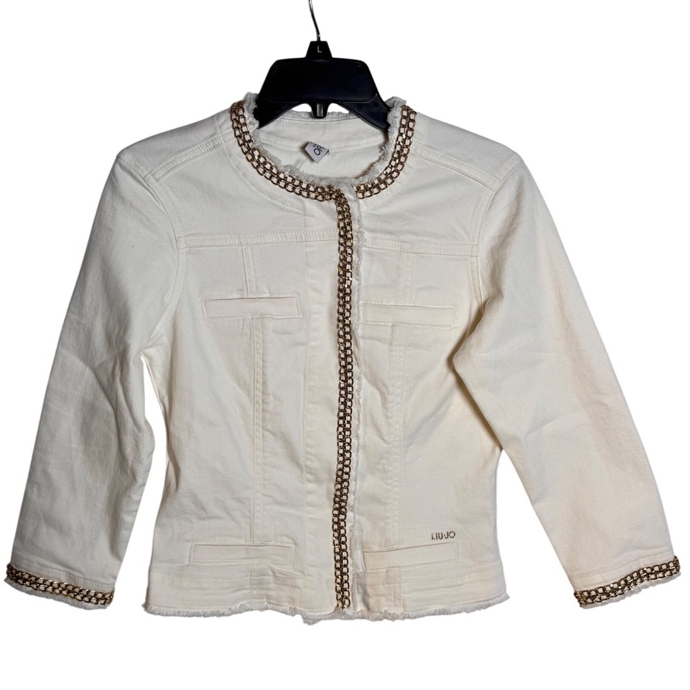 Liu Jo Milano White Denim Jacket Gold Chain Trim Fringe Size 42 NWOT size 6
